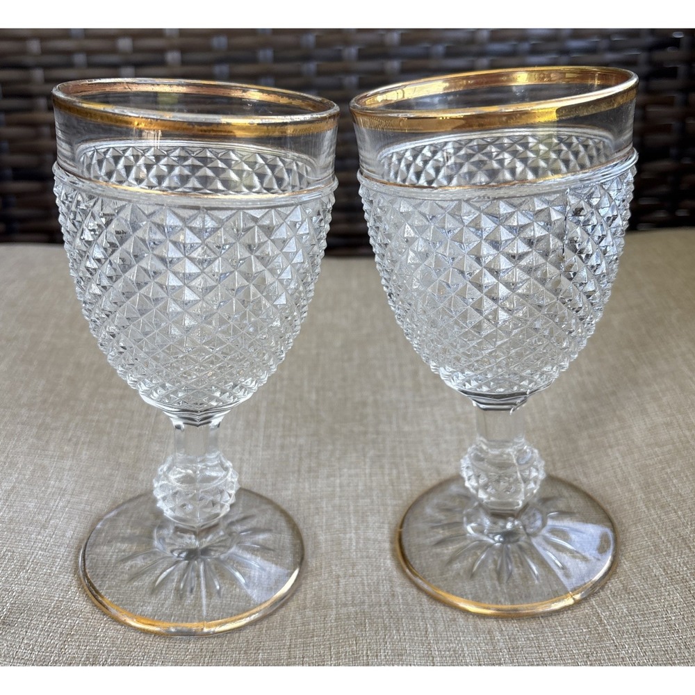 2 Vista Alegre Diamond-Cut Bicos Wine Goblets Gold Rim Portugal Pair Drinkware